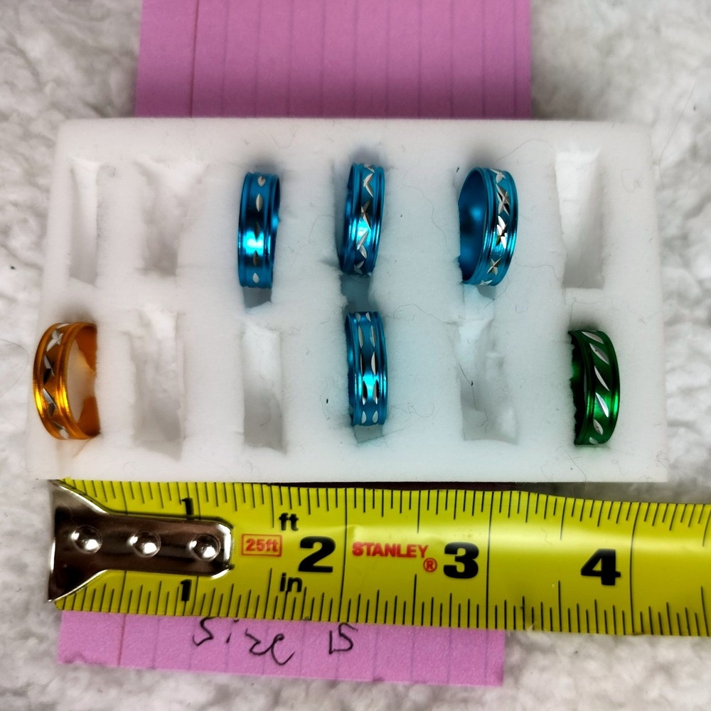 Aluminum Etched‎ Band Ring Set Multi-Color Lightweight 5pc